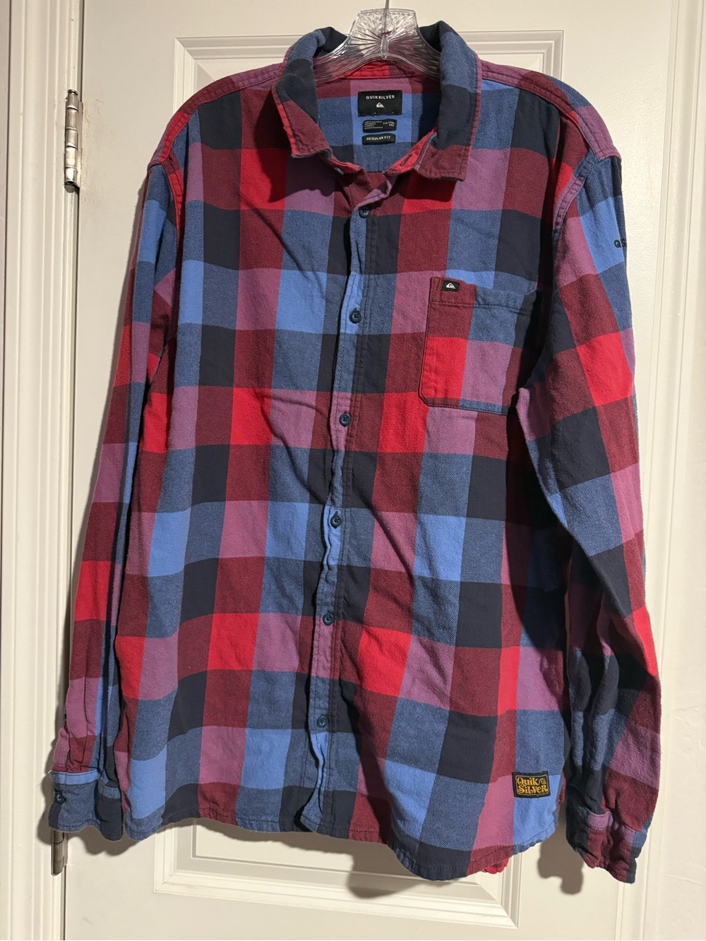Quiksilver Red and Blue Plaid Long-Sleeve Button-Down Shirt